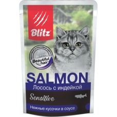 Blitz Sensitive пауч для кошек кусочки в соусе Лосось с индейкой, 24 шт